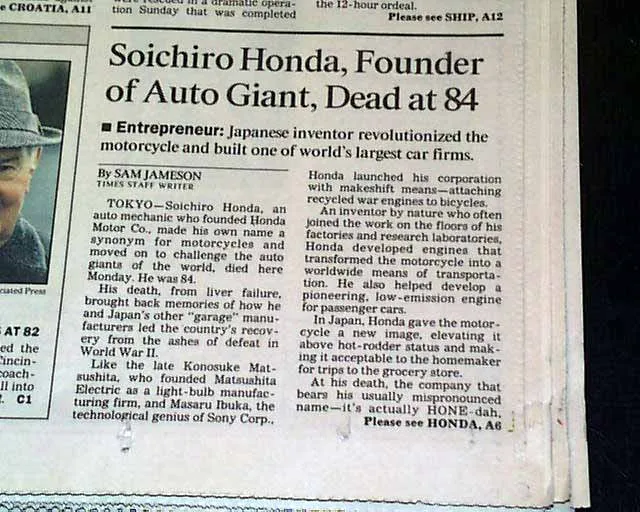 First report coverage on the death of Soichiro Honda - Los Angeles Times 1991